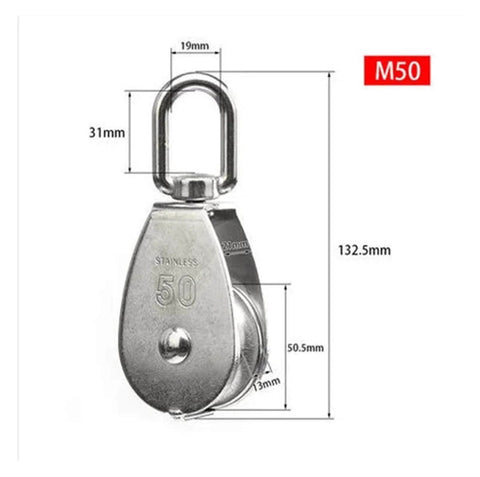 Front view of Stainless Steel Pulley M50 Single Wheel Swivel Lifting Rope Pulley Set with dimensions.