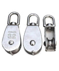 Three stainless steel M20 Cable Single Pulley Block Stainless Steel Hanging Wire Towing Lifting Rope Wheel Marine Boat Pulley Blocks for(M20) shown from front, back, side.