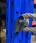 Detachable Oblique Stainless Steel U-Type Groove Sliding Wheel Roller Track Rail Fixed Pulley, Silver Tone in use on blue structure
