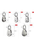 Image of five stainless steel pulleys including Stainless Steel Pulley M25 Single Wheel Rotary Lifting Rope Pulley Fishing Net Block Lifting Tool(M25) with dimensions.