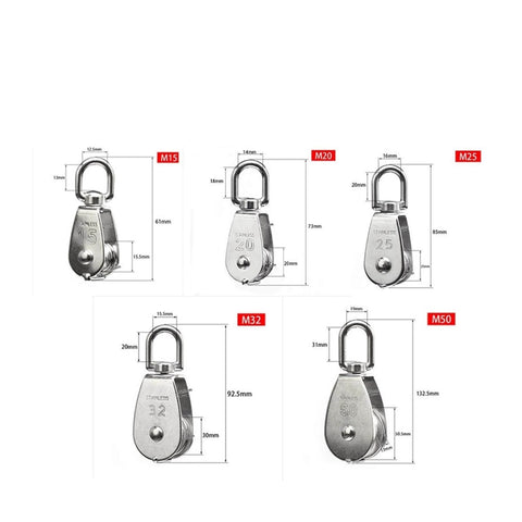 Image of five stainless steel pulleys including Stainless Steel Pulley M25 Single Wheel Rotary Lifting Rope Pulley Fishing Net Block Lifting Tool(M25) with dimensions.
