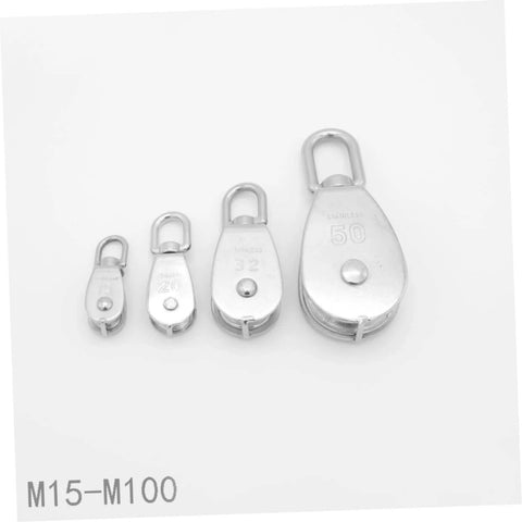 Four sizes of 35kg stainless steel pulley single sheaved capacity movable pulley block wheel swivel on white background.