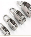 Four Stainless Steel Pulley M25 Single Wheel Swivel Lifting Rope Pulley Set Lifting Wheel Tools Crank Pulley(M25) in different sizes.