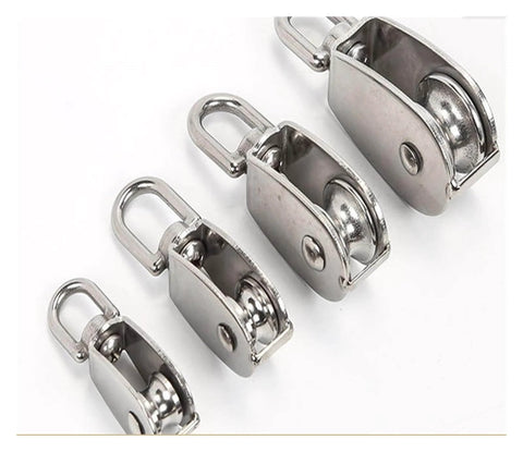 Four Stainless Steel Pulley M32 Single Wheel Swivel Lifting Rope Pulley Sets arranged in size order.