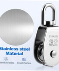 Close-up view of 3pcs Stainless Steel Pulley Single Block Heavy Duty Cable Pulley for Rope Swivel Roller, showing polished material