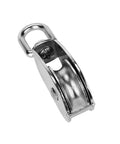 Close-up of 35kg Stainless Steel Pulley Single Sheaved Capacity Movable Pulley Block Wheel Swivel showing metal wheel and hook.