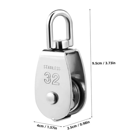 Front view of 304 Stainless Steel Single Block Pulley 3 Pack Heavy Duty Swivel Pulley for Lifting Rope Pulling and DIY Projects.