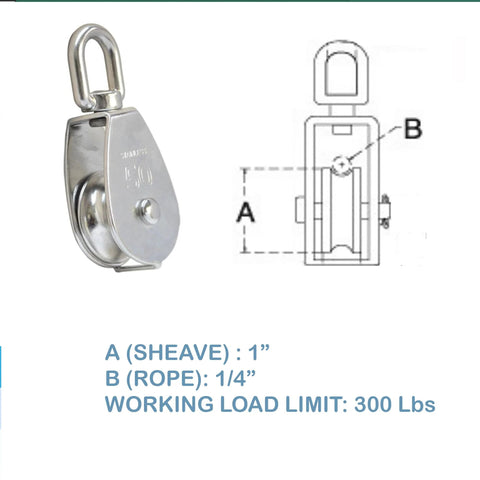 Image showing Five Piece 1 Inch Stainless Steel Single Pulley with Swivel Eye for Marine Rigging Lift 316 Stainless Construction.