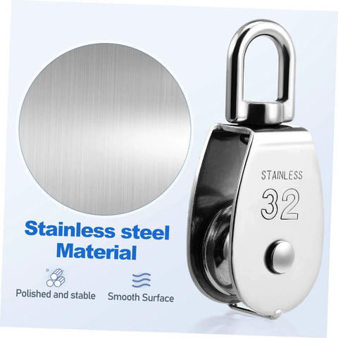 Close-up of a 3pcs Heavy Duty Stainless Pulley Swivel Lifting Wire Rope Crane for Construction DIY Projects showing polished surface.