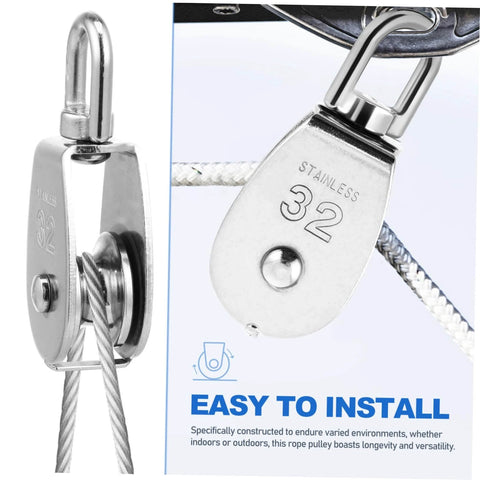 3pcs Heavy Duty Stainless Pulley Swivel Lifting Wire Rope Crane for Construction DIY Projects, close-up view, with wire rope installation.