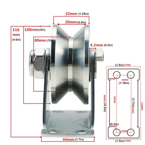 Pulley, Pulley Wheel, Heavy Duty Sheaves Track Pulley, 304 Stainless Steel Directional Roller, Wheel Diameter 100mm/4in, side view