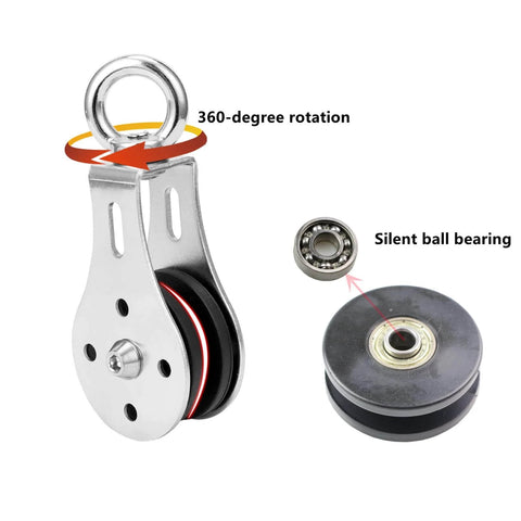 Pulley Wheel Stainless Steel Small Pulley Block 360 Degree Rotating Silent Cable Pully Load Bearing Mechanical Pulleys, Silver (Silver-2) showing 360-degree rotation and silent ball bearing.
