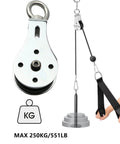 Pulley Wheel Stainless Steel Small Pulley Block 360 Degree Rotating Silent Cable Pully Load Bearing Mechanical Pulleys, Silver (Silver-2), shown installed with weights