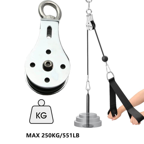 Pulley Wheel Stainless Steel Small Pulley Block 360 Degree Rotating Silent Cable Pully Load Bearing Mechanical Pulleys, Silver (Silver-2), shown installed with weights