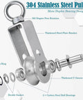 Exploded view of 304 stainless steel pulley with mute duplex bearing design, showing thickened U groove wheel and ball bearings.
