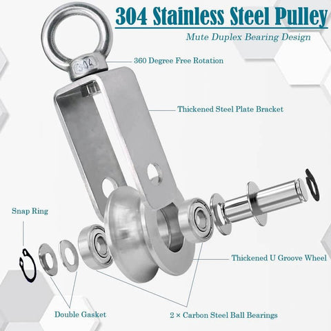 Exploded view of 304 stainless steel pulley with mute duplex bearing design, showing thickened U groove wheel and ball bearings.