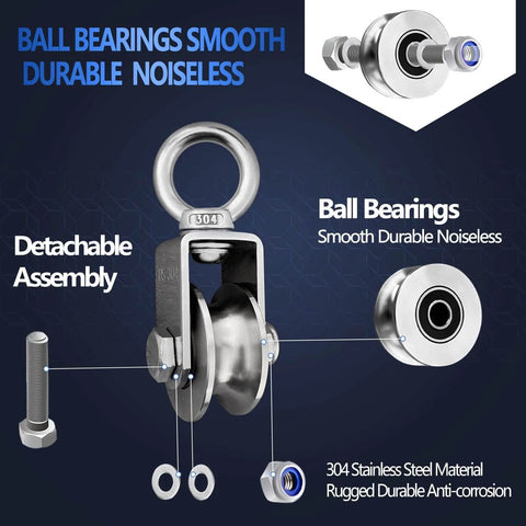Diagram of ✝️ Cable Pulley Wheel Stainless Steel with Ball Bearing Carabiner, showcasing detachable assembly and ball bearings.