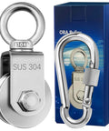 Cable Pulley Wheel Stainless Steel with Ball Bearing Carabiner, Stainless Steel Pully Block M48 displayed with packaging