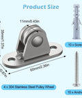 Close-up of Small Pulley Block, 4 Pack 304 Stainless Steel Pulley Wheel with dimensions, screws, and anchors for rope handling.