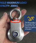 Hand holding Cable Pulley Wheel Stainless Steel with Ball Bearing Carabiner, Stainless Steel Pully Block M48, 200kg capacity, 360° rotation.