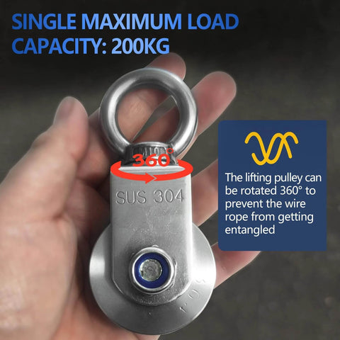 Hand holding Cable Pulley Wheel Stainless Steel with Ball Bearing Carabiner, Stainless Steel Pully Block M48, 200kg capacity, 360° rotation.
