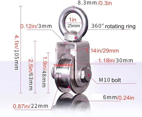 Two-pack H-groove stainless steel pulley wheel with dimensions, showing 304 steel construction and dual bearings for sliding doors.