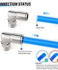 Sturdy Stainless Steel Pneumatic Male Elbow Push To Connect Fitting One Quarter Inch Tube Outer Diameter To One Quarter Inch NPT Thread 90 Degree Quick Connect Pack Of Two shown with blue tube insertion