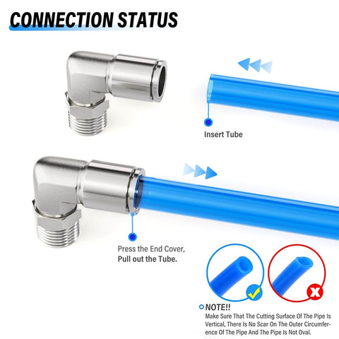 Sturdy Stainless Steel Pneumatic Male Elbow Push To Connect Fitting One Quarter Inch Tube Outer Diameter To One Quarter Inch NPT Thread 90 Degree Quick Connect Pack Of Two shown with blue tube insertion
