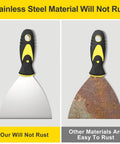 Comparison of rust-resistant stainless steel putty knife and rusted one, featuring soft grip handle. 5Pcs Putty Knife Set With 1 Inch 2 Inch 3 Inch 4 Inch And 5 Inch Scrapers For Drywall Repair Spackle Painting Scraping Wallpaper Removal Plaster Mud And Stucco No Rust Durable Multi Purpose Tools For Home Renovation.