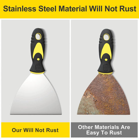 Comparison of rust-resistant stainless steel putty knife and rusted one, featuring soft grip handle. 5Pcs Putty Knife Set With 1 Inch 2 Inch 3 Inch 4 Inch And 5 Inch Scrapers For Drywall Repair Spackle Painting Scraping Wallpaper Removal Plaster Mud And Stucco No Rust Durable Multi Purpose Tools For Home Renovation.