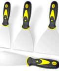 Spackle Knife Set Of Four Stainless Steel Putty Knives In 2 3 4 5 Inch Sizes With One Piece Blade And Soft Rubber Handle For Drywall Repair Wallpaper Removal Putty Plaster Cement And Adhesive Application, showing full view of knives with black and yellow handles.