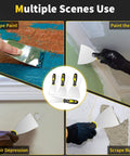 Collage showing Spackle Knife Set Of Four Stainless Steel Putty Knives In 2 3 4 5 Inch Sizes used for various repair tasks.