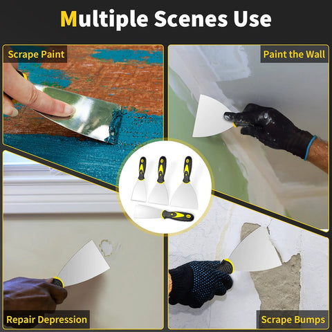 Collage showing Spackle Knife Set Of Four Stainless Steel Putty Knives In 2 3 4 5 Inch Sizes used for various repair tasks.