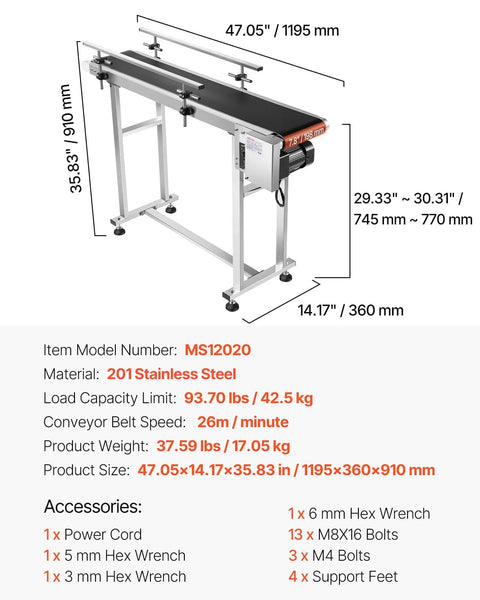Industrial PVC Belt Conveyor 47 Inch By Seven Point Eight Inch In Corrosion Resistant Stainless Steel With 110 Volt Electric Adjustable Speed And Double Guardrail