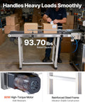Industrial PVC Belt Conveyor 47 Inch By Seven Point Eight Inch In Corrosion Resistant Stainless Steel With 110 Volt Electric Adjustable Speed And Double Guardrail For Reliable Durable Industrial Transport Equipment For Heavy Duty Applications in use, showing capacity of 93.7 lbs