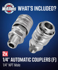 Stainless Steel Quarter Inch Automatic Quick Connect Fittings For Pressure Washer Gun Couplers NPT Male Quick Connect High Strength Easy Attach And Detach Designed For Pro Level Pressure Washer Upgrades Pack Of 2, showing two couplers.