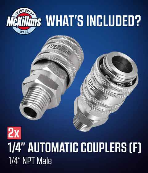 Stainless Steel Quarter Inch Automatic Quick Connect Fittings For Pressure Washer Gun Couplers NPT Male Quick Connect High Strength Easy Attach And Detach Designed For Pro Level Pressure Washer Upgrades Pack Of 2, showing two couplers.