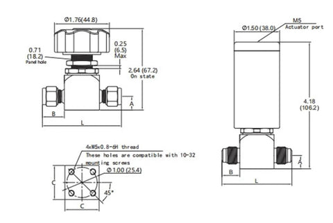 Technical diagram of High Purity Gas Stainless Steel Pneumatic Diaphragm Valve, quarter inch, for lab and industrial settings.
