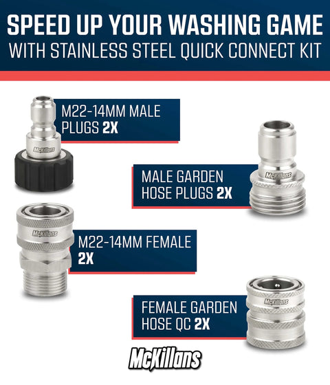 Heavy Duty M22 To Three Eighth Inch Quick Disconnect Kit For Pressure Washers Stainless Steel Quick Connect Adapters with various connectors