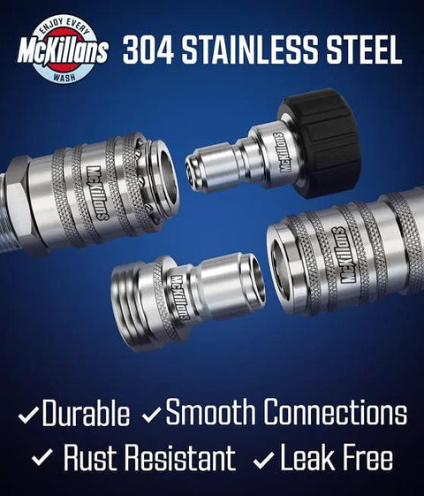 Automatic M22 14mm Quick Connect Kit for Pressure Washers, stainless steel fittings, detailed view of connectors.