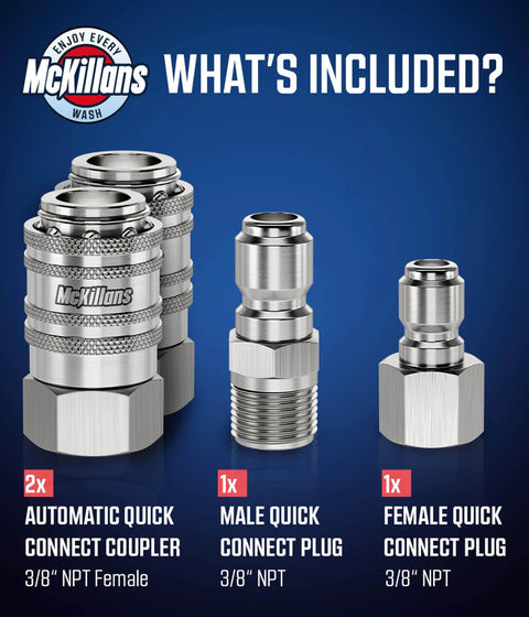 Image of Heavy Duty Stainless Steel 3/8 Inch NPT Quick Connect Kit For Pressure Washers Four Pack, including couplers and plugs