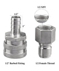 Stainless Steel Quick Disconnect Set For Wort Brewing Gear, 1/2 Inch NPT Female And 1/2 Inch Barb, two fittings display