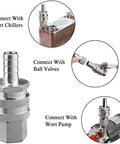 Stainless Steel Quick Disconnect Set For Wort Brewing Gear, 1/2 Inch NPT Female And 1/2 Inch Barb, connected to wort chillers and pumps.