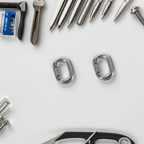 Two 8mm stainless steel quick-link chain connectors (marine-grade) for boat anchor repairs.