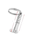 Front view of marine-grade 316 stainless steel quick-release pin, 8x51mm, with ring for boat bimini deck hinge.