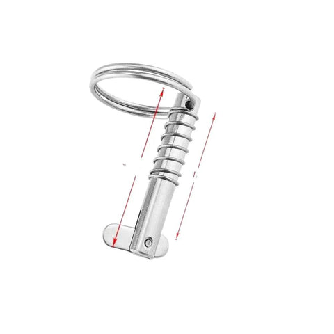 Front view of marine-grade 316 stainless steel quick-release pin, 8x51mm, with ring for boat bimini deck hinge.