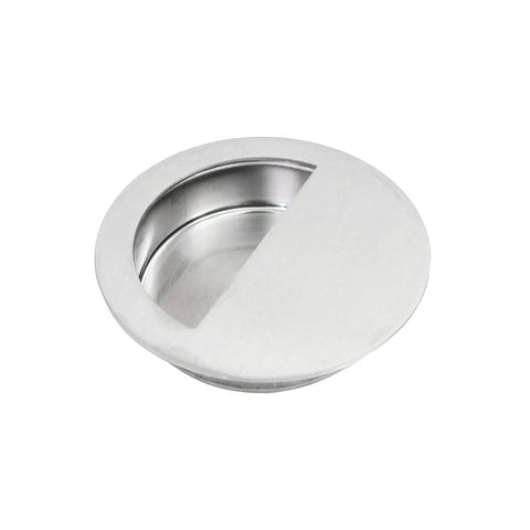 Set Of 4 Concealed Recessed Drawer Handles Stainless Steel 60x15mm, shown close-up, displaying circular design and flush mount structure.