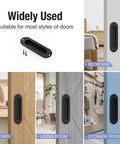 Stainless Steel Recessed Finger Pull Handle Half Inch Deep shown installed on various room doors, highlighting versatility.