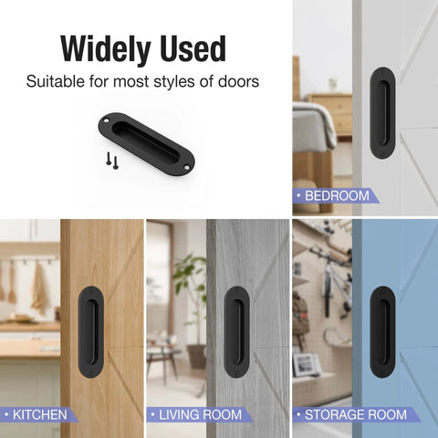 Stainless Steel Recessed Finger Pull Handle Half Inch Deep shown installed on various room doors, highlighting versatility.