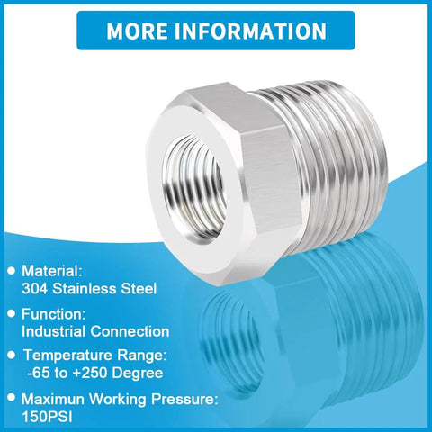 Stainless Steel Reducer Bushing One Inch Male NPT To Three Quarter Inch Female NPT Reducing Pipe Fitting Pack Of Two
